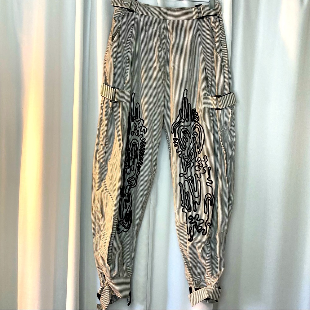 Rachel Comey striped pants with abstract detailing, Velcro straps, Medium